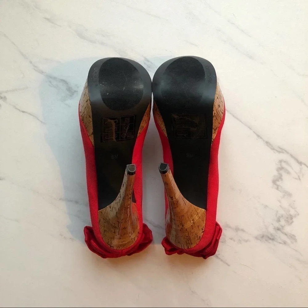 Bebe Stiletto High Heels Kahilia Ruby Red Size 8 Platform Cork Bow Formal